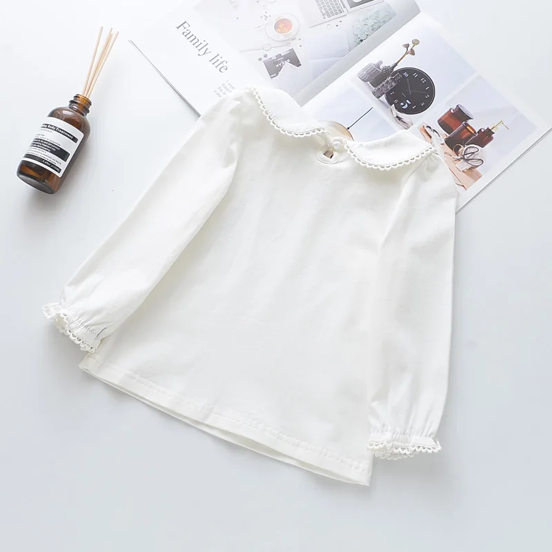 ; детская одежда для девочек; сезон весна-осень белые блузки для маленьких девочек детские кружевные топы с длинными рукавами; школьная рубашка