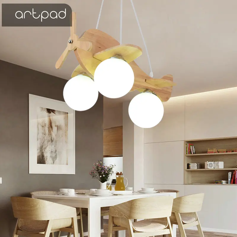 Nordic Nature Wood Airplane Pendant Lights Glass Lampshade