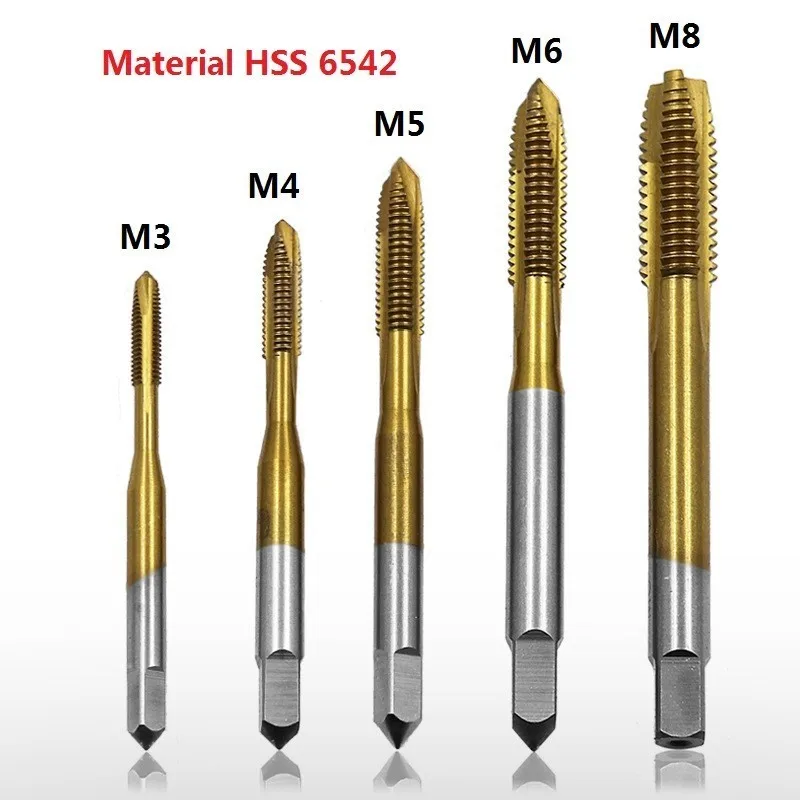 

Titanium Plated Spiral Tap Drill High Speed Steel 6542 Thread Screw Tap Suit Screw Opener Spiral Pointed Taps M3 M4 M5 M6 M8
