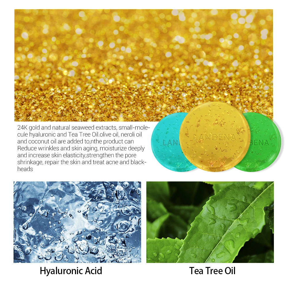 Buy 3 Get 1 Gift Lanbena 24k Gold Handmade Soap Hyaluronic Acid+seaweed+tea Tree Facial Cleansing 3pcs+blueberry Whitening Serum