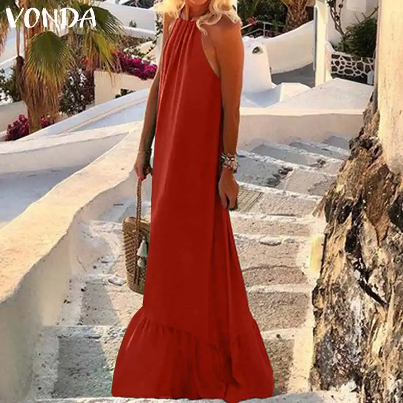 

VONDA Summer Dress 2019 Women Sleeveless Bohemian Long Dress Sexy Spaghetti Strap Party Floor-Length Vestido Plus Size S-5XL