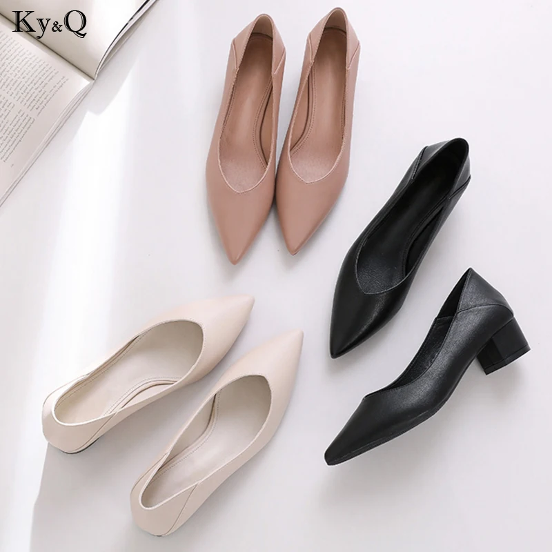 

2019 Spring New Ladies Fashion Comfortable Thick Non-slip Pointed Wear-resistant Wild Two Wear Middle-heeled Work Shoes 3-5cm