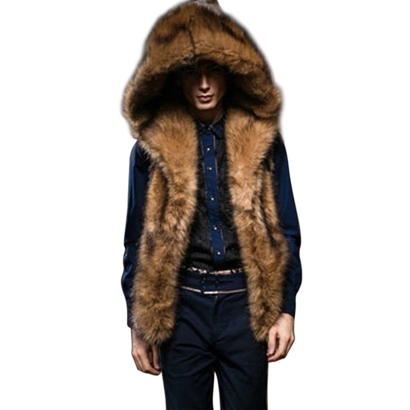 Winter men's Faux Fur vest fashion Brand mens thick warm hooded Waistcoat male Stitching fluff