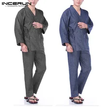 Японский стиль юката костюм халат пижамные комплекты костюмы осенние кимоно мужские топы с длинными рукавами пижамы домашний халат