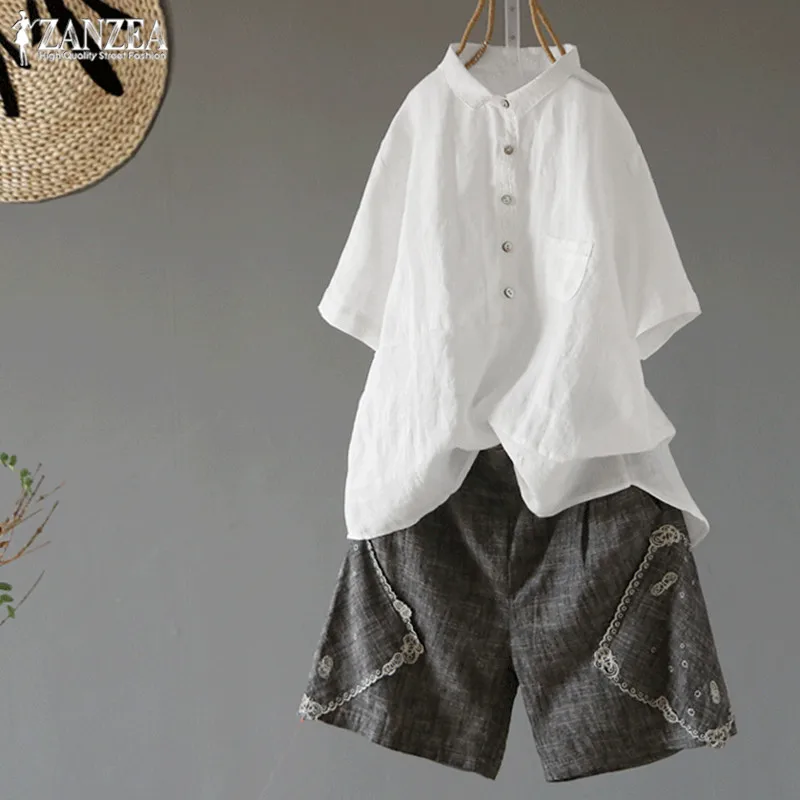 2019 زائد حجم ZANZEA الصيف المرأة عارضة قصيرة الأكمام بلوزة أنيقة الصلبة القطن الكتان زر قمصان تونك قمم Blusas الإناث