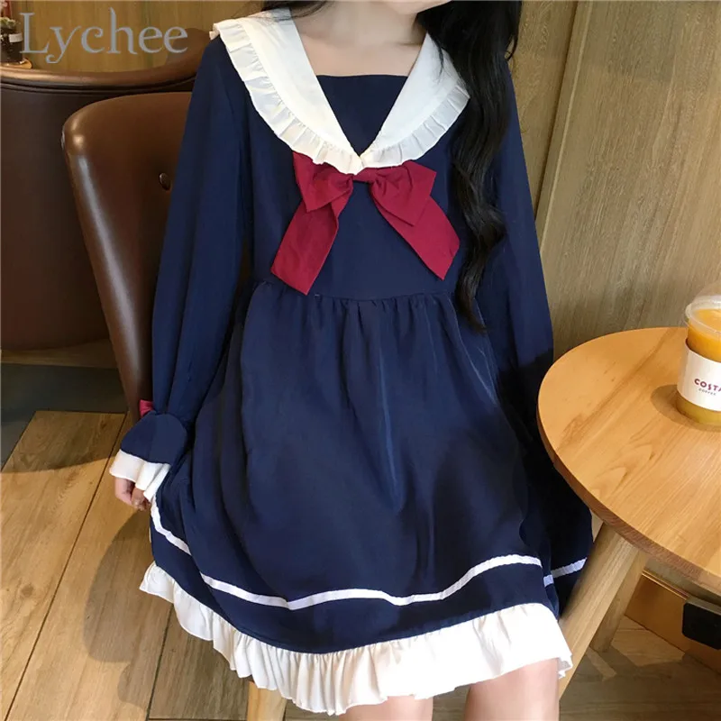 

Lychee Japanese Style Sailor Collar Bow Tie Women Dress Long Sleeve Sweet Dress Casual Loose Spring Autumn Female Dress