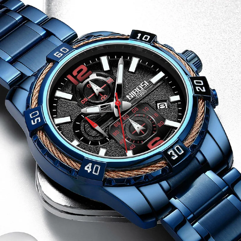 

Relogio NIBOSI Luxury Men Watch Blue Stainless Steel Sport Man Clock Waterproof Men Watches 2018 Luxury Brand Reloj Hombre 2018