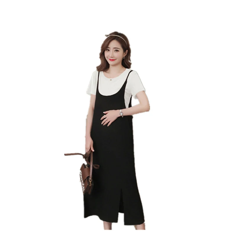 

Pengpious 2019 summer maternity clothes set short sleeve cotton t-shirt+side split strap dress twinset pregnant women twinset