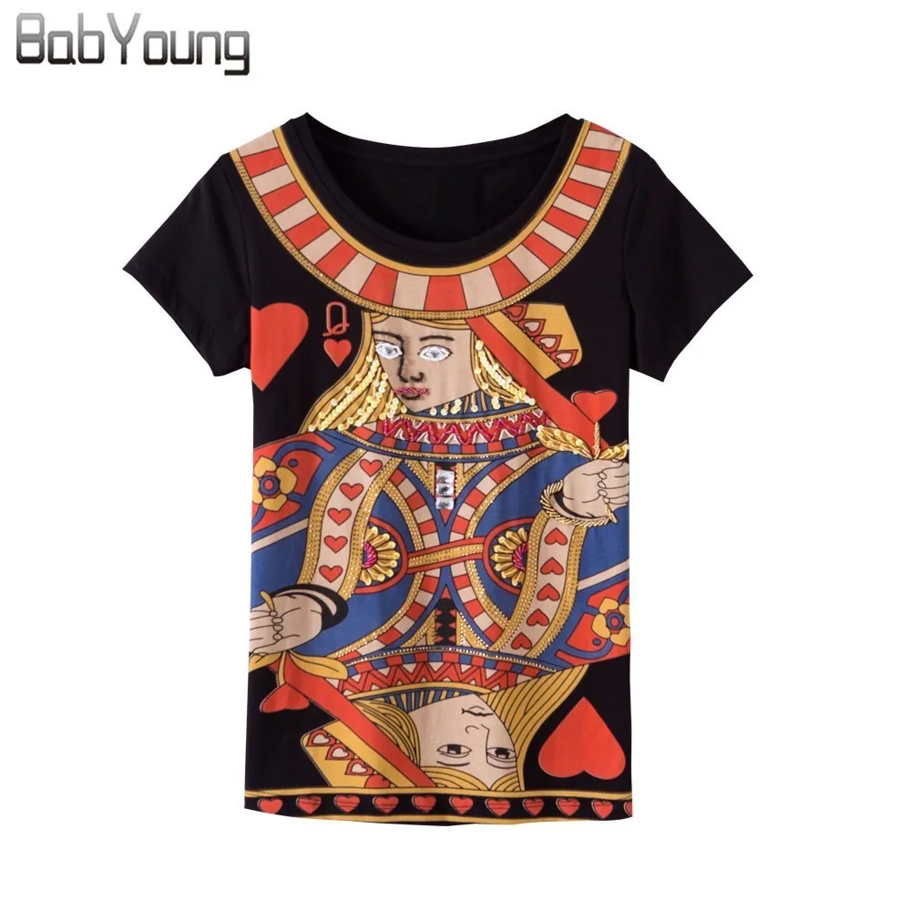 

BabYoung Summer Tops for Women T-shirt Poker Face Sequins T Shirt Cotton Short Sleeve Harajuku Tshirt Ladies Tee Shirts Femme