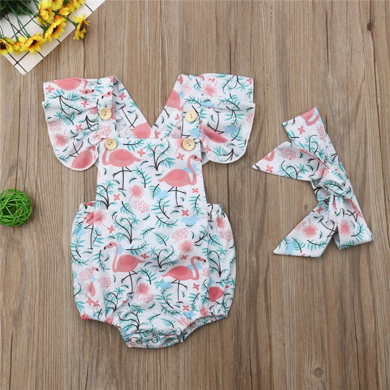

2019 Summer Infant Baby Girl Flamingos Romper Sets Bodysuit Jumpsuit Headband Outfits Clothes Sets 0-24M