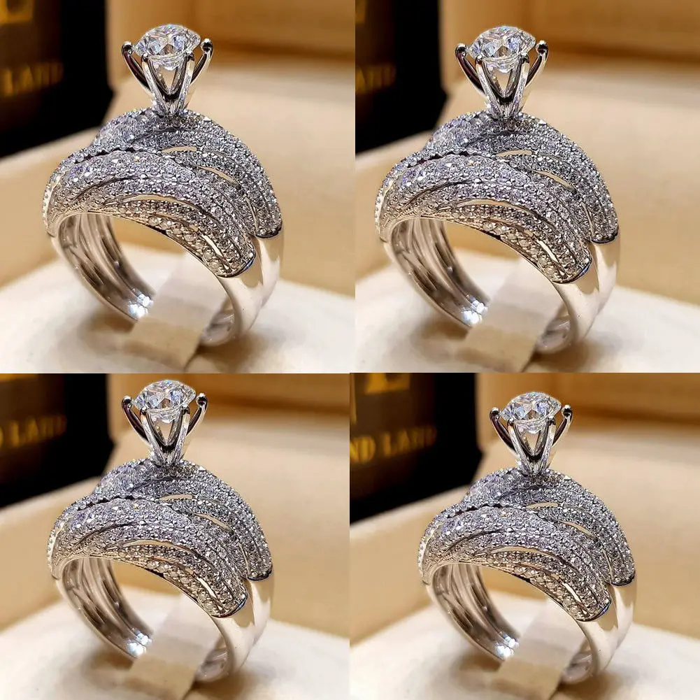 

Women 925 Sterling Silver Crystal Engagement Wedding Ring Band 2 Piece Set