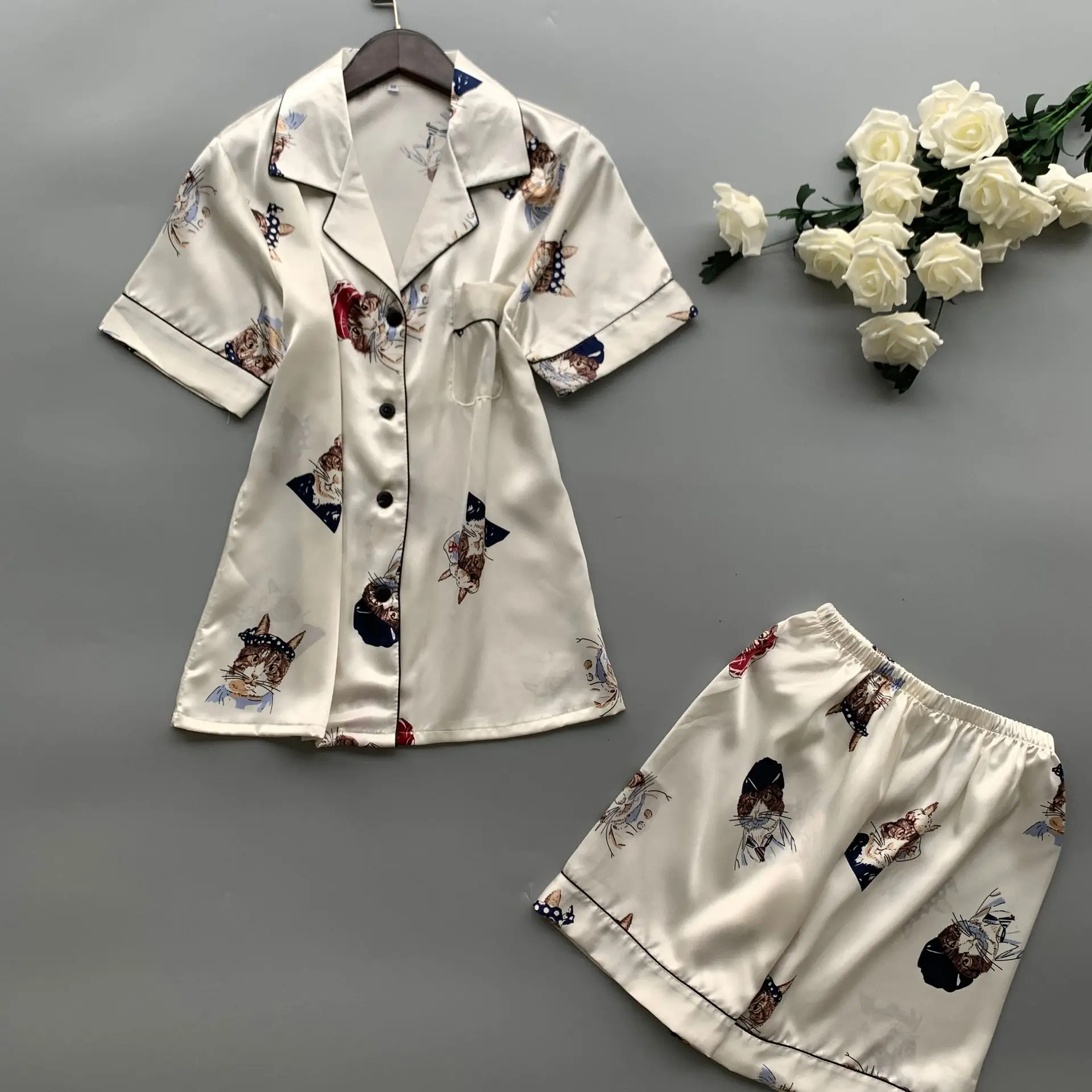 

2019 Women Cute Pajama Sets With Shorts Satin Pijama Flower Print Pyjama Nightsuit Sleepwear Home Clothing Pijama