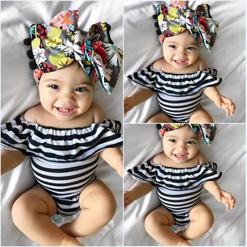 

Newborn Baby Girl Ruffles Striped Off Shoulder Bodysuit Summer Baby Clothes Leotard Tops 0-24 Months