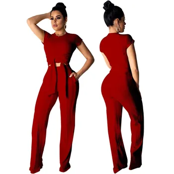 

2019 Women Short Sleeve Lace Up Long Pants Suits Sexy Knitted Two Piece Set Vintage Tracksuit Outfit