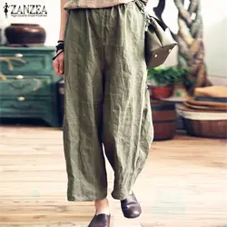 2019 ZANZEA летние штаны для женщин Винтаж эластичный пояс, карманы Твердые широкие брюки работы Pantalon Palazzo плюс размеры мотобрюки