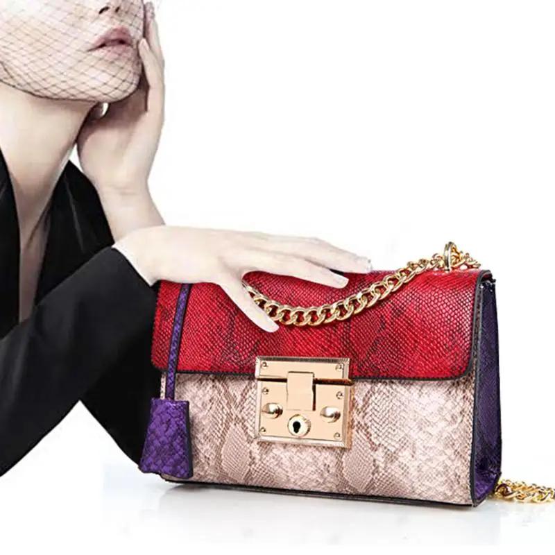 

Patchwork Women Small Shoulder Bags Crossbody PU Chain Snake Skin Handbags