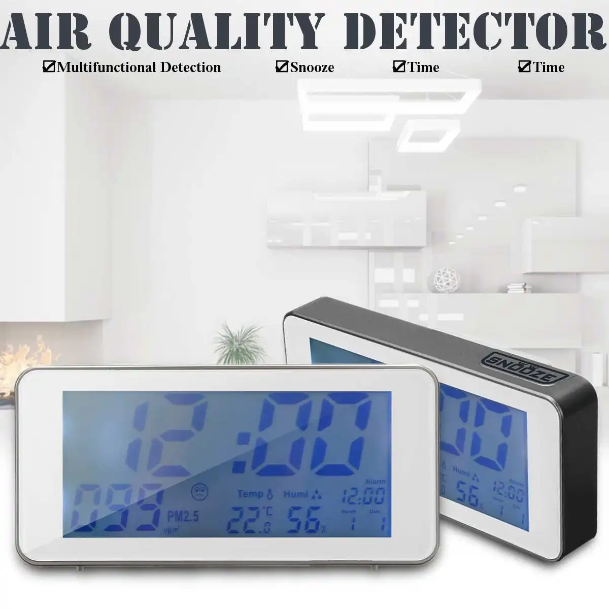 

PM2.5 Digital Calendar Alarm Smart Clock PM2.5 Detection Time Temperature Humidity US Power Adapter Gold Sliver Modern Decor