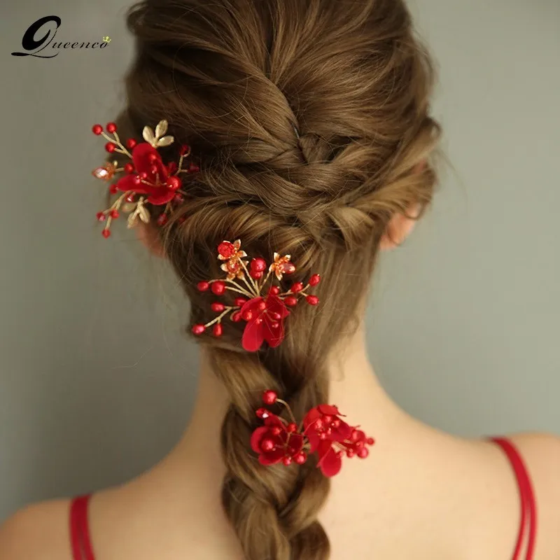 

3 Pcs Red Flower Bridal Hair Accessories Hairpins Wedding Hair Jewelry Pearl Hair Ornaments Bridesmaid Headpiece