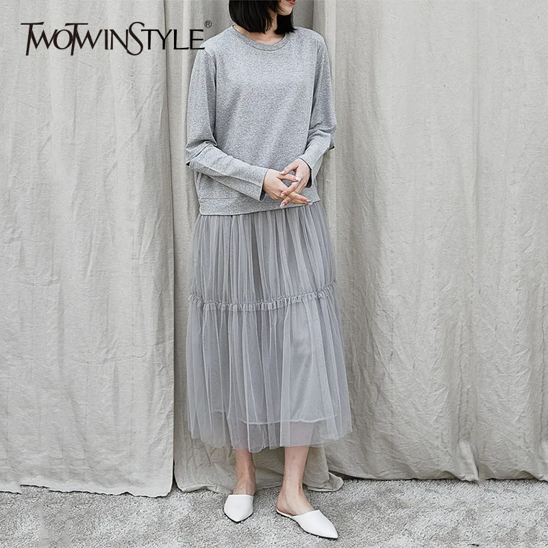 

TWOTWINSTYLE Casual Long Dress For Women O Neck Long Sleeve Hollow Out Patchwork Mesh Dresses Female 2019 Korean Fashion New