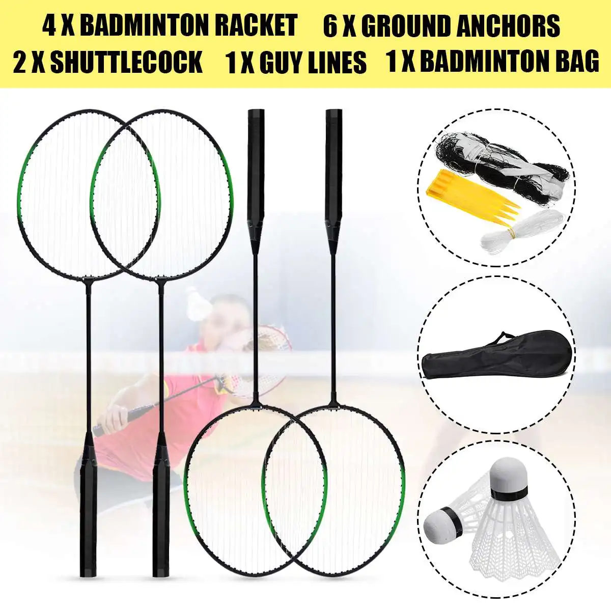 

4pcs/set Training Badminton Racket Racquet with Carry Bag Badminton Set Sport Equipment 2 Shuttlecock +6 Ground Anchors