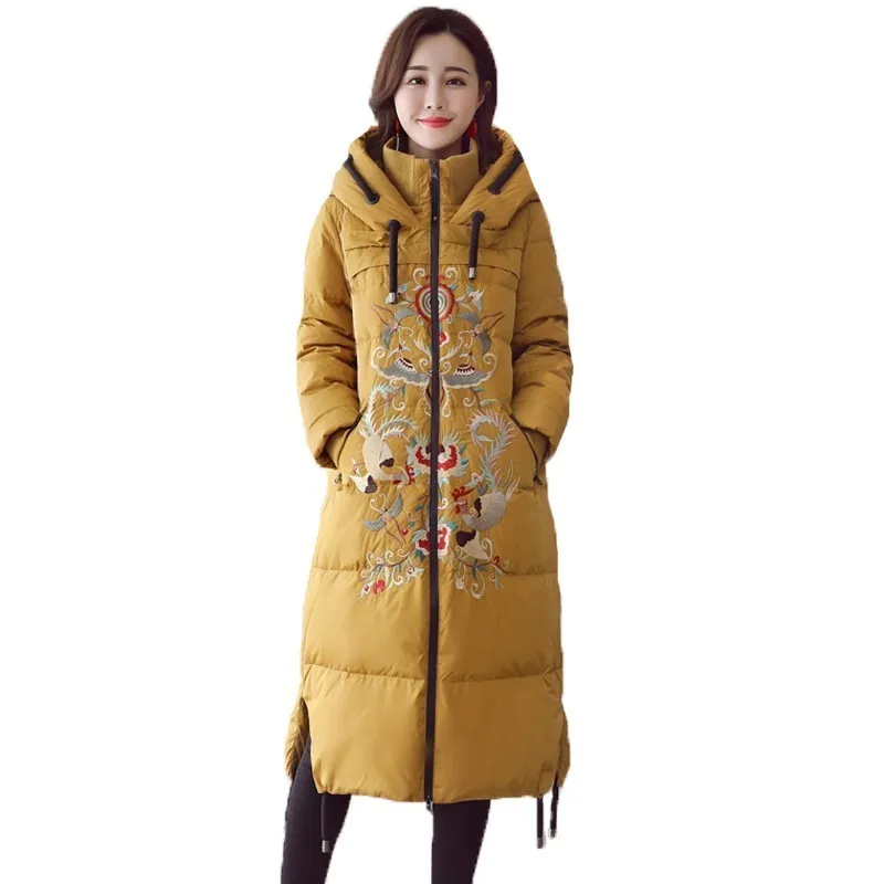 

2019 Casual Vintage Chinese National Style Winter Jacket Women Tops Embroidery Cotton Padded Coat Female Hooded Parka A600