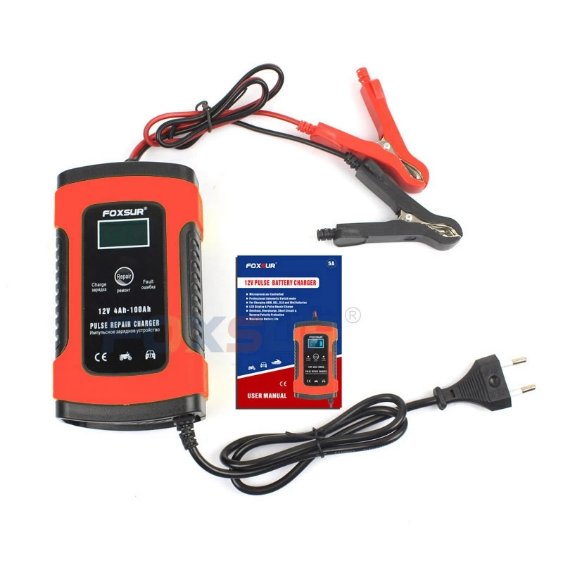 

Foxsur 12V Universal Battery Charger Repair Type 12Ah 36Ah 45Ah 60Ah 100Ah Pulse Repair Battery Charger Lcd Display——Us Plug