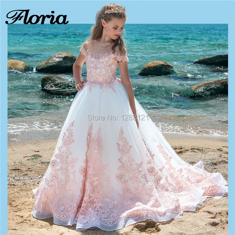 Pink Lace Flower Girl Dresses For Weddings 2019 New Elegant Long Kids Prom Pageant Gowns Ball Gown First Communion Dress | Свадьбы и
