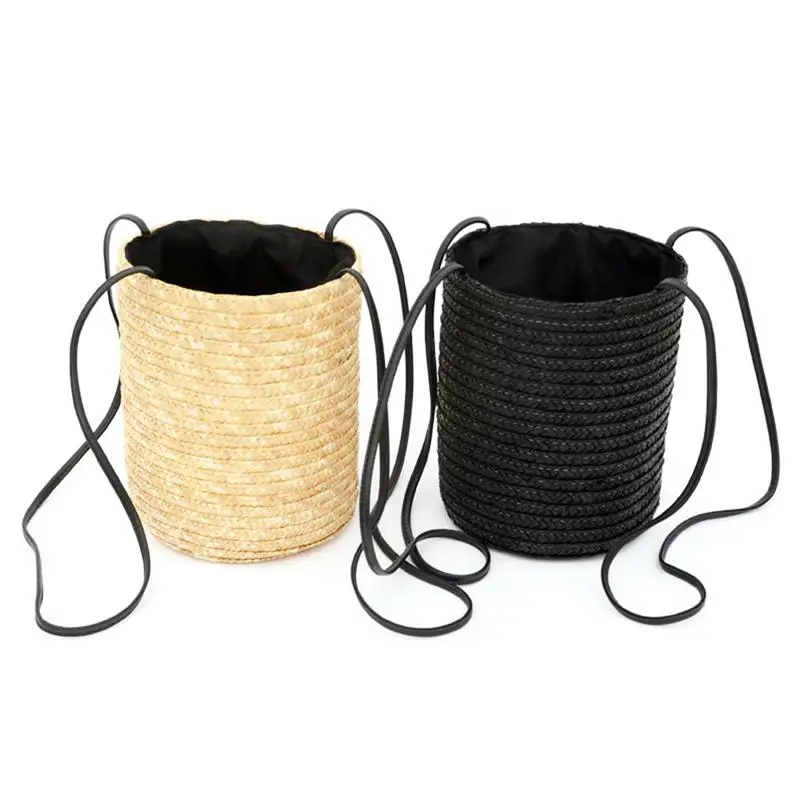 

Handmade Woven Flower Basket Drawstring Straw Braided Bucket Storage Basket Flower Pot Basket Weaving Basket With Leather Strap
