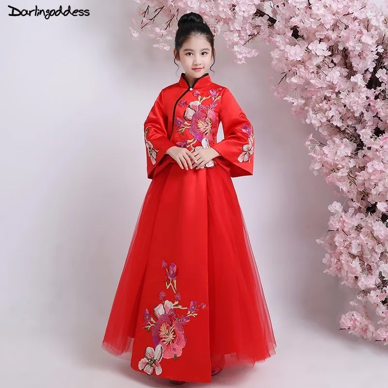 Роскошные вышивки с длинным рукавом красный цветок платья для девочек для свадеб дети Праздничное платье для первого причастия детское