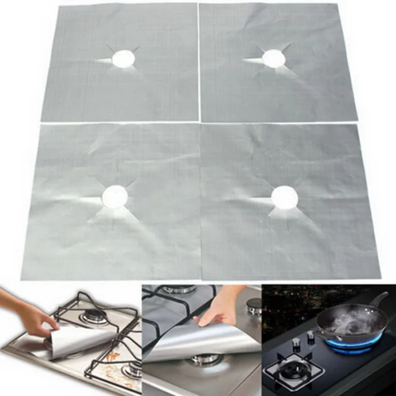 

4pcs Reusable Glass Fiber Foil Gas Stove Burner Temperature Anti-fouling And Oil Protector Liner Cleaning Kitchen Tools Mat
