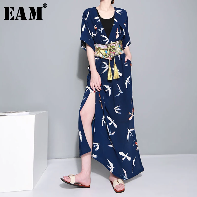 

[EAM] 2019 New Spring Summer V-collar Short Sleeve Pattern Printed Loose Long Big Size Shirt Women Blouse Fashion Tide JU183