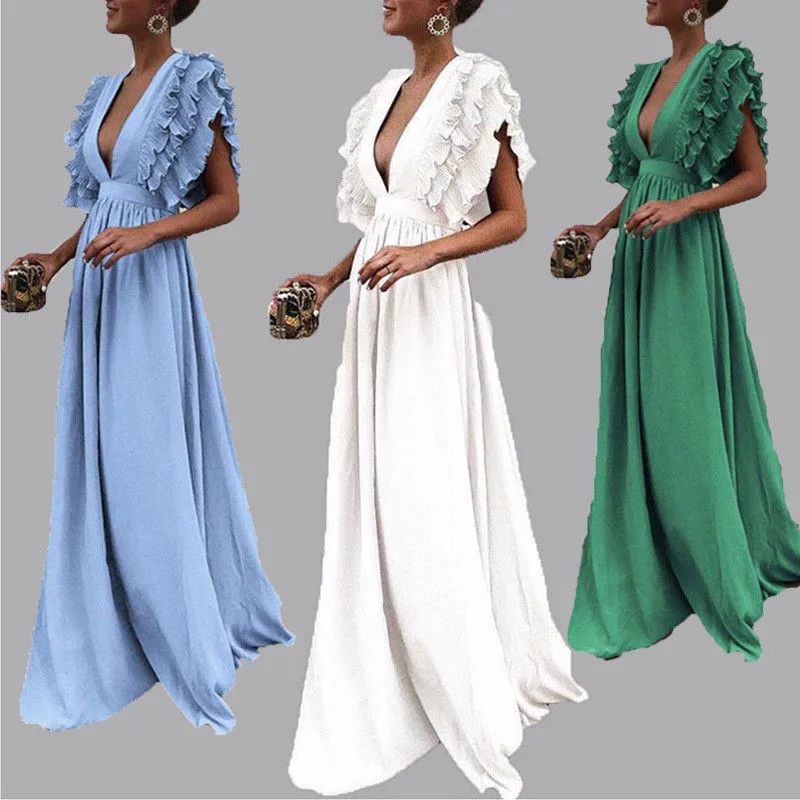 Размер L-3XL, женское летнее платье Бохо с оборками, рукав-крылышко, одноцветные Платья с коротким рукавом, длинное платье макси с v-образным вырезом размера плюс, пляжные платья