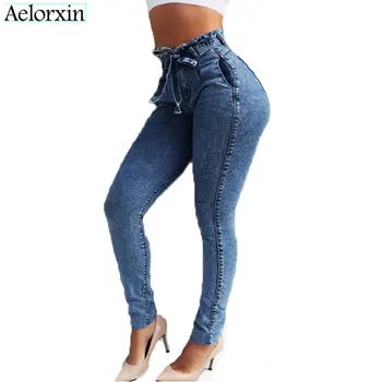 

2019 Large yards high waist elastic jeans and Streetwear Bandage Denim Plus Size Jeans Femme pencil Skinny Jeans Woman