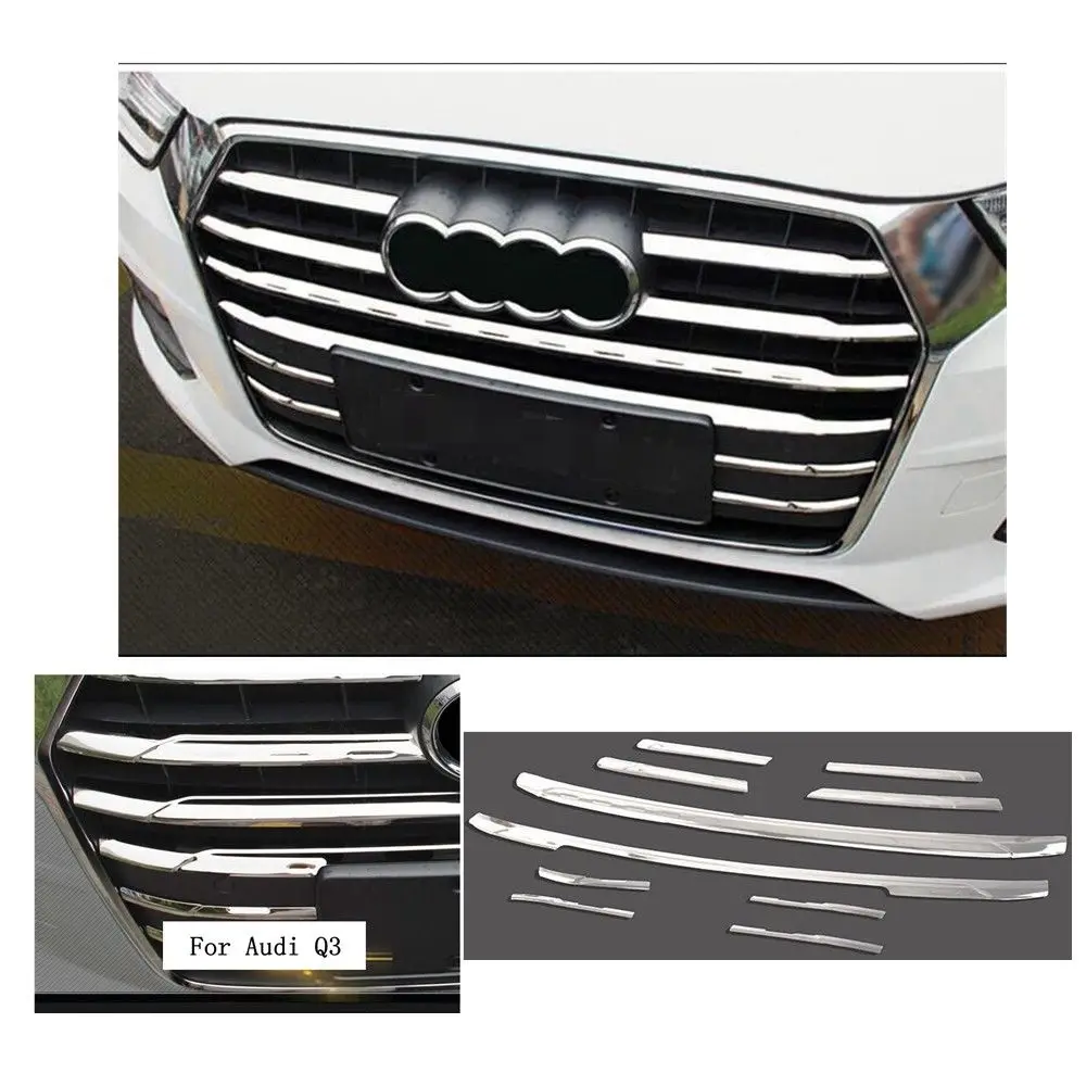 

12Pcs/Set Stainless Steel Car Front Mesh Hood Grill Strip Cover Grille Trim Decoration For Audi Q3 2017 2018 Car Styling