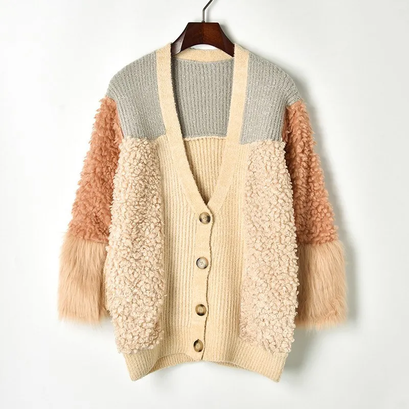 Patchwork En Cachemire Manteau Picture Mode Manches Tricot As Épissage À Cardigan Agneau Faux Fourrure Lâche Femmes Hiver Et Chaud Automne Longues De W4qXAXP8