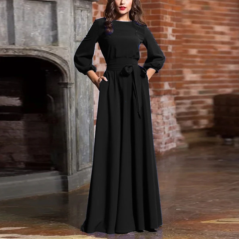

Elegant Ladies Women Ball Gown Maxi Dress Party Dresses Plus Size A-line Spring Summer Bandage Black Red Long Sleeve Clothes