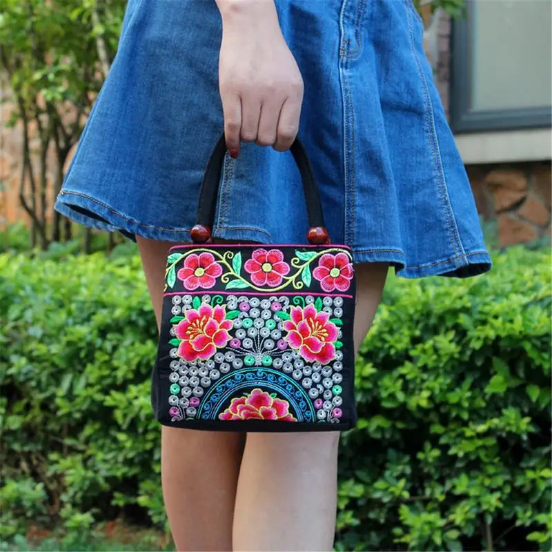 

Women Ethnic Style Tote Bag Two Zipper Hand Bags Purse Embroidered Fashion Embroidery Handbag Retro Vintage All-match Floral Bag