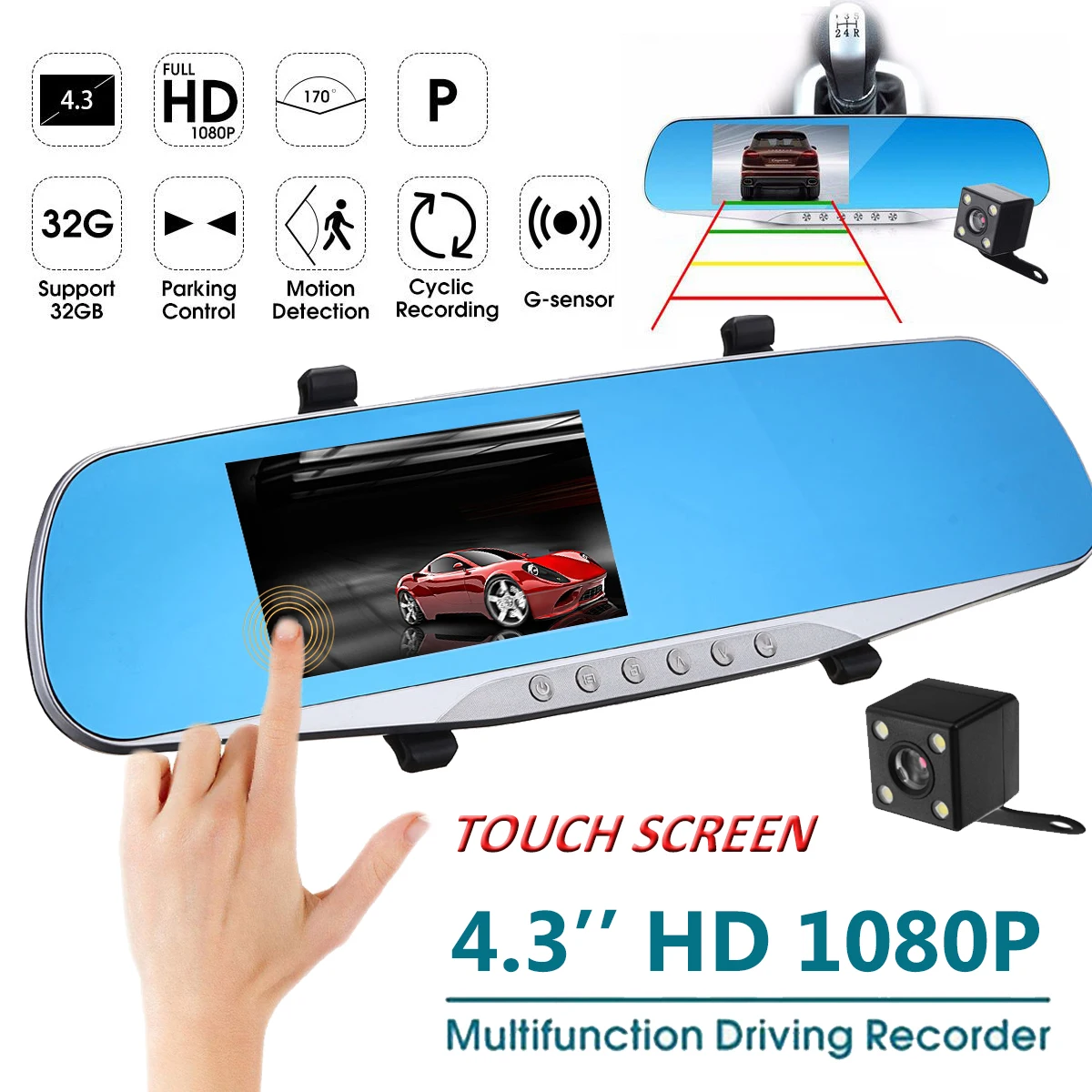 

4.3" TFT LCD Touch Screen Car DVR Mirror Monitor Dual Lens Dash Cam Video Recorder Camcorder + Rear View Camera IR Night Vision