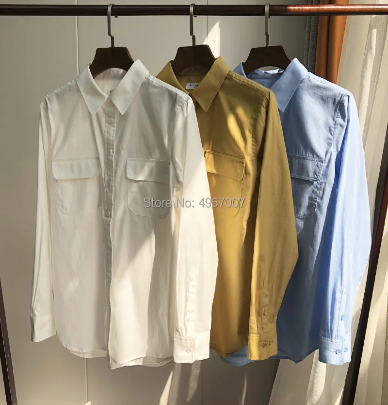 Contour Cotton 100% Blouse Shirt - 2019ss Women White/Turmeric/Blue Double Pockets Long Sleeve Shirt Top 4