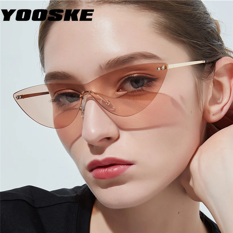 YOOSKE кошачий глаз солнцезащитные очки для Для женщин Fashoin металла солнцезащитные очки без оправы Для мужчин ретро Марка очки женские модные зеркальные очки