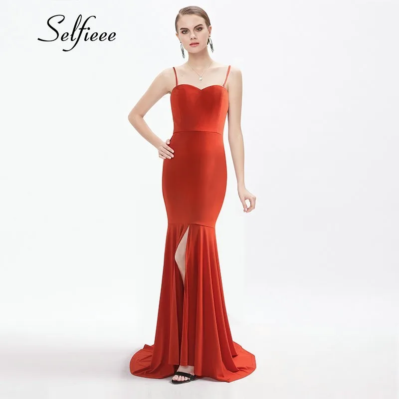 

2019 New Fashion Sexy Party Dress With Sweep Train Orange Spaghetti Straps Backless Long Formal Maxi Dress Women Split Vestidos