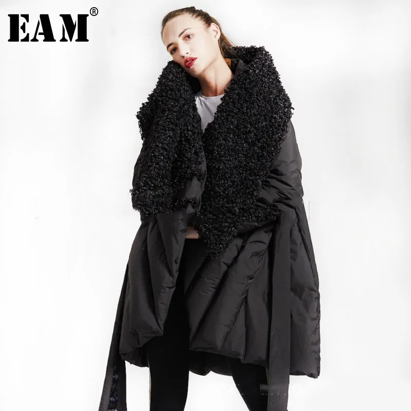 

[EAM] 2019 New Spring Full Sleeve Burr Collar Loose Keep Warm Asymmetrical Casual Down Jacket Women Fashion Tide OB415