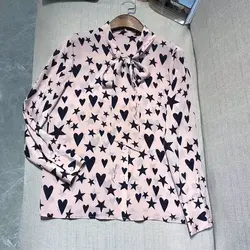 Розовый 100% шелковая блузка для Для женщин 2019 модная блуза с рисунком Питер Пэн Свободная блузка с воротником Высококачественная блузка для