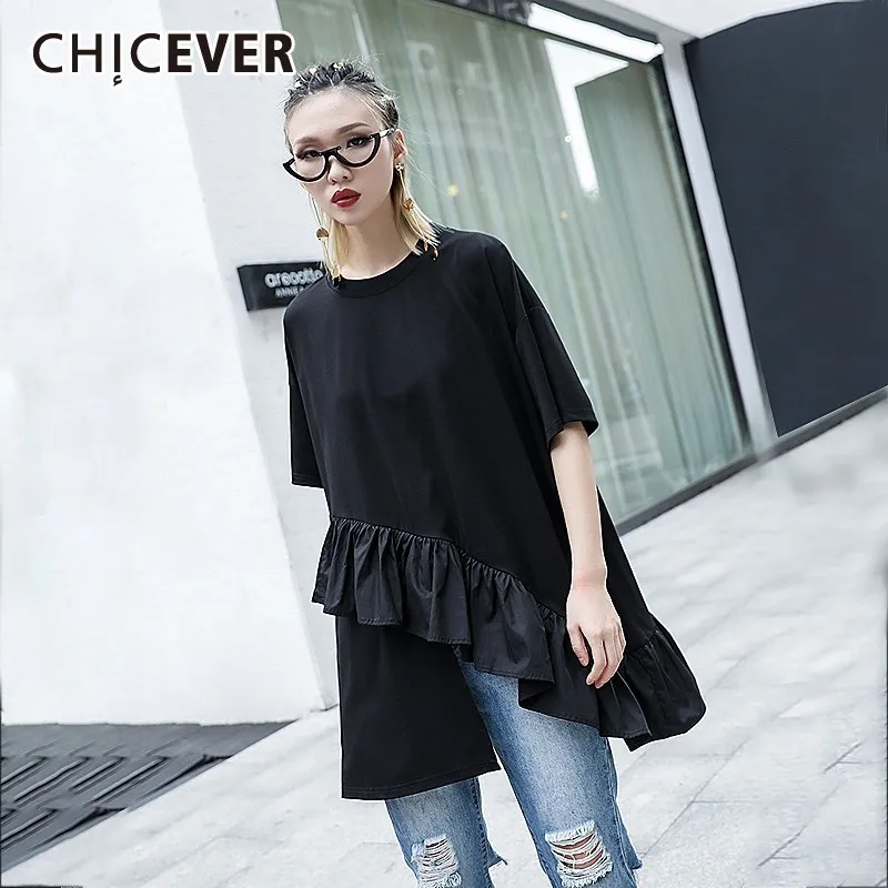 

CHICEVER Spring Irregular Ruffles Hem Solid Women T-shirt O Neck Half Sleeve Loose Puls Size Long Women's Top Clothing 2019 Tide