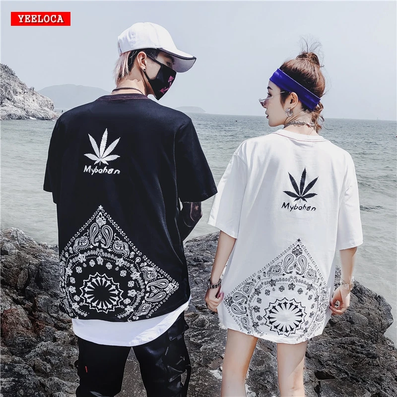 

2019 summer new maple leaf printing simple couple short-sleeved shirt men and women oversized casual hip hop T-shirt