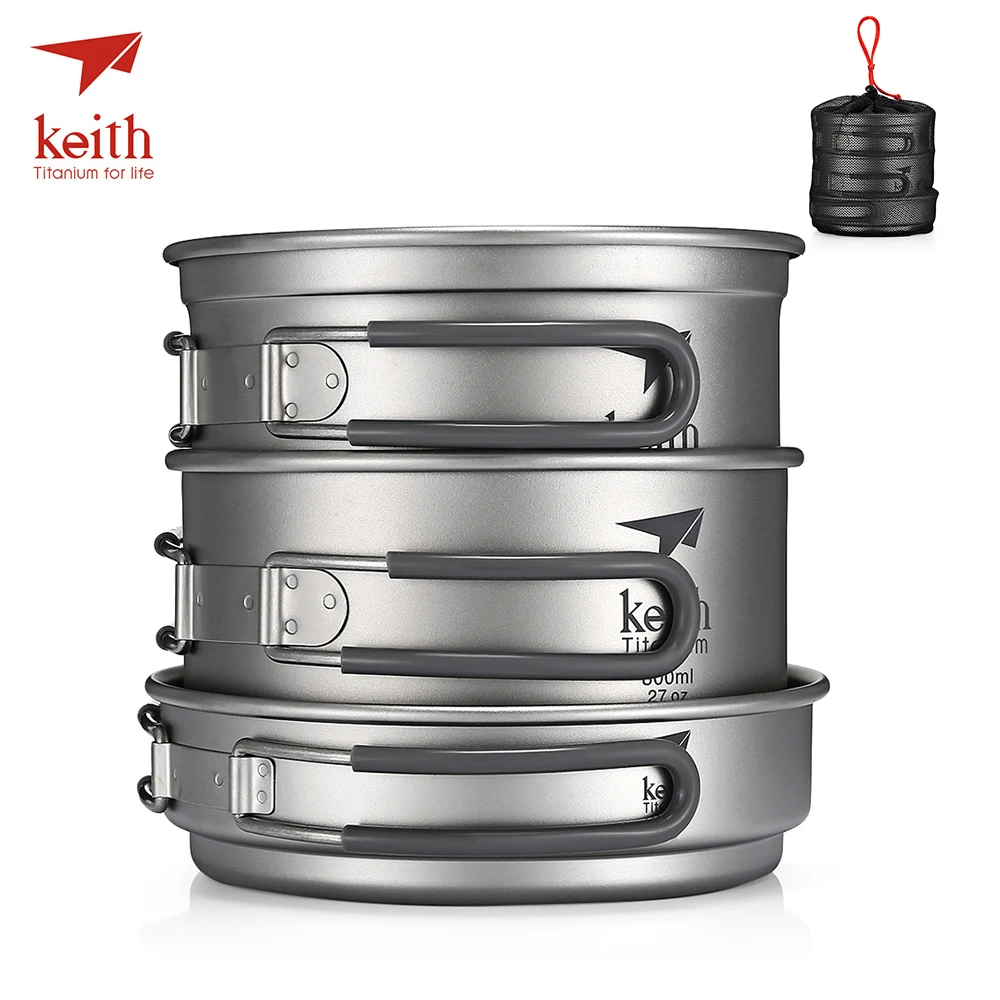 

Keith Pure Titanium 3pcs Camping Cookware Portable Outdoor Bowl Pot Picnic Folding Tableware With Lid Cover 1.2L Pot 0.8L Bowl