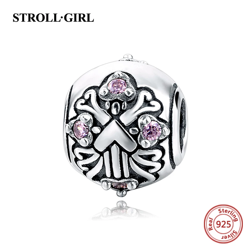 

StrollGirl beautiful Blooming flowers charms with pink CZ 925 silver beads fit original European bracelet jewelry making gift