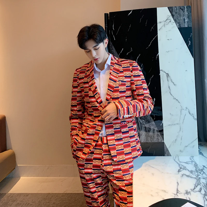 

Fashion Flower Blazer Jacket Trouser Male Stage Show Terno Masculino 2Pcs Spring Autumn Men Slim Fit Uits Sets (jacket+pant)