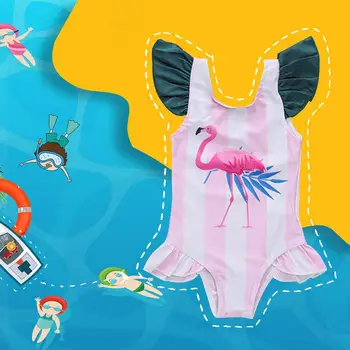 

Baby Girl One-piece Swimsuit Children's Cartoon Swimsuit Pink And White Striped Flamingo Print Infant Kids Beach Bathing Suit
