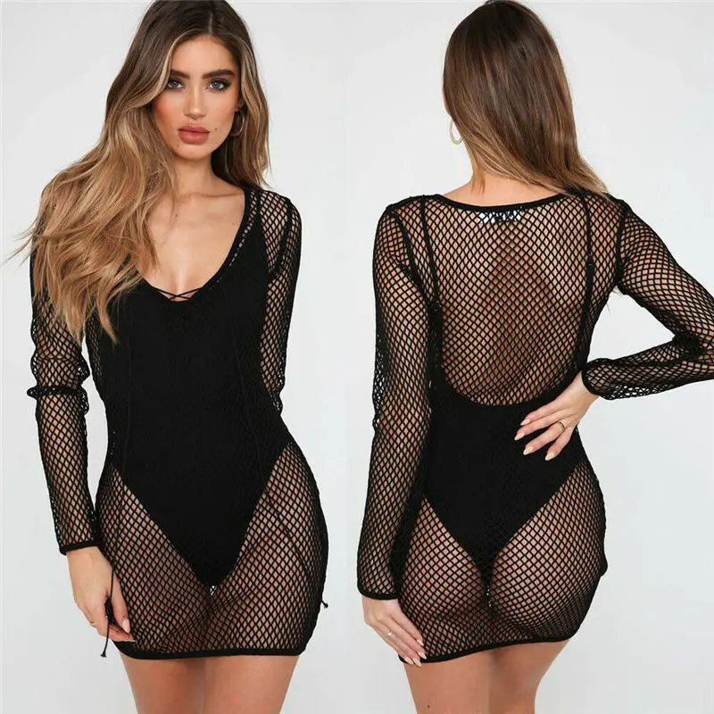 

2019 Sexy Women Bikini Cover Up Summer Swimsuit Mesh Dress Hollow Out See-through Bathing Suit Cover Up Long Sleeve Beachwear